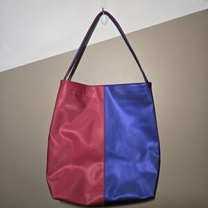 Clinique Red Blue Colorblock Tote Bag Satin Shoulder Purse Reversible Style